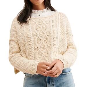 Free People Changing Tides Pullover Sweater Cable Knit Cream Cropped Size XS